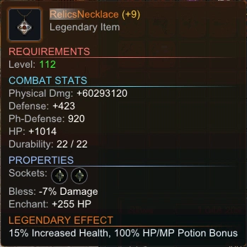 Legendary Necklace with a 15% increased health passive