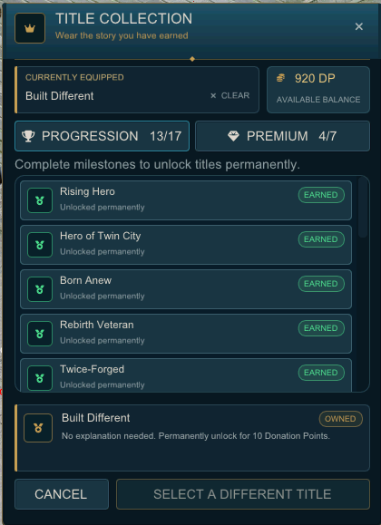 Title Collection interface with Progression and Premium tabs, permanent ownership states, requirements, and Donation Point balance