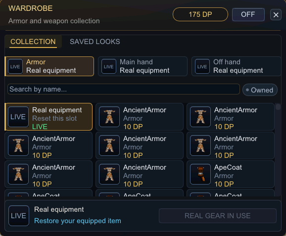 Wardrobe Collection interface showing armor, main-hand, and off-hand appearance slots, search, owned filter, and Donation Point prices